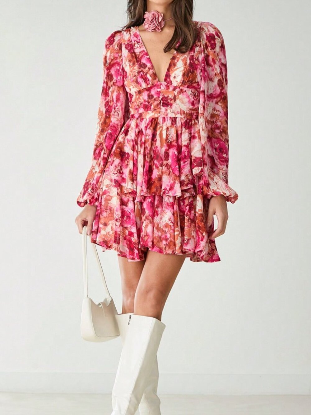 Hot Pink Boho Women's V-Neck Long Sleeve Floral Allover Print Short Casual Dress - Picture 4 of 10